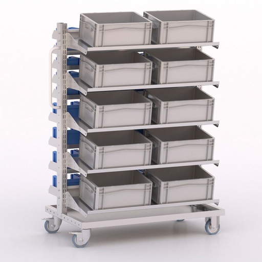 [046031] Carro modular con 14 bandejas, 10 cajas Eurobox y 69 cajas Openbox - Dim.: 1023x613x1365h mm - Cincado y Gris ral 7035
