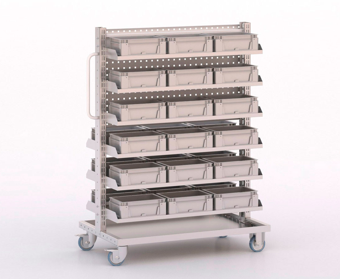[046051] Carro modular con 9 bandejas, 27 cajas Eurobox y paneles perforados - Dim.: 1023x613x1365h mm - Cincado y Gris ral 7035