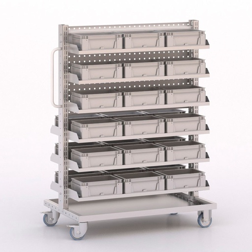 [046051] Carro modular con 9 bandejas, 27 cajas Eurobox y paneles perforados - Dim.: 1023x613x1365h mm - Cincado y Gris ral 7035