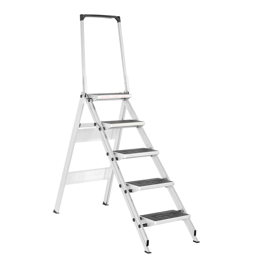 [046056] Pedestal plegable con 5 peldaños antideslizantes y barandilla - Dim.: 1500x600x1150h mm - Aluminio