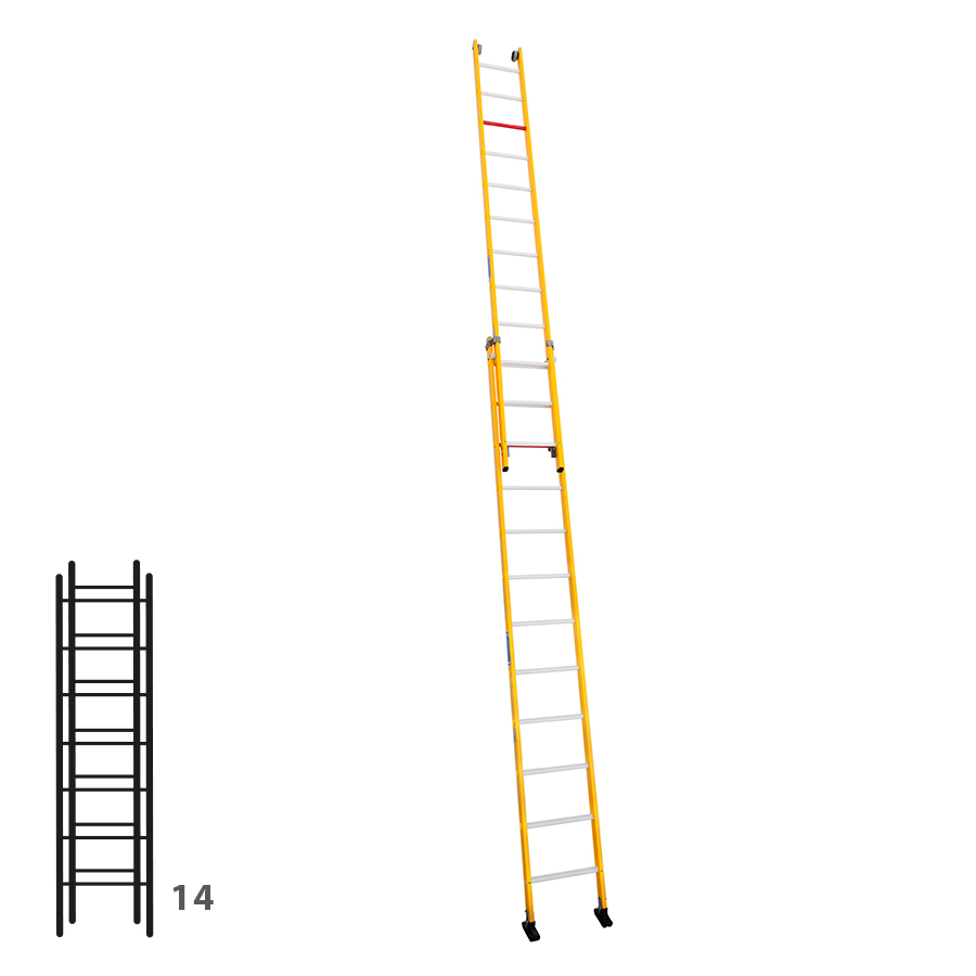[046289] Escalera de fibra de vidrio apoyable de dos tramos con 2 x 7 peldaños - Dim.: 438 x 3560h mm - amarillo