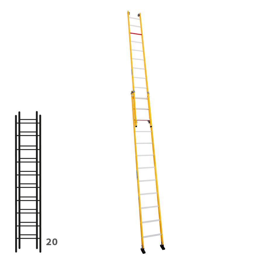 [046292] Escalera de fibra de vidrio apoyable de dos tramos con 2 x 10 peldaños - Dim.: 450 x 4960h mm - amarillo