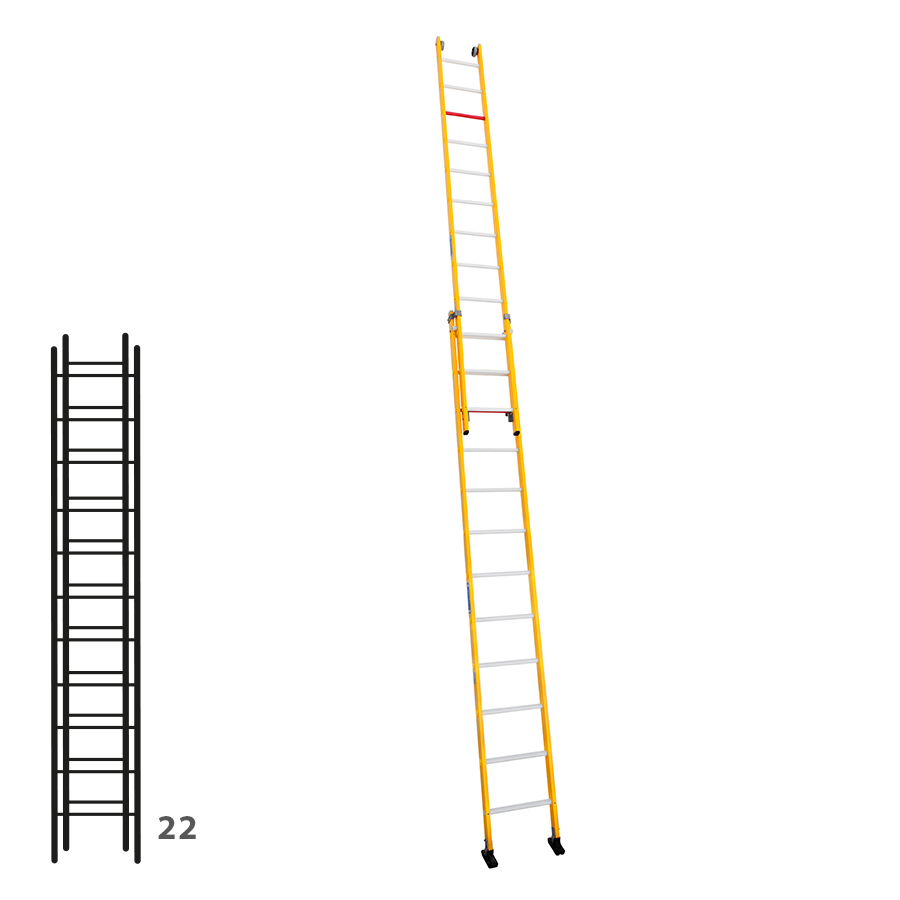 [046293] Escalera de fibra de vidrio apoyable de dos tramos con 2 x 11 peldaños - Dim.: 450 x 5520h mm - amarillo