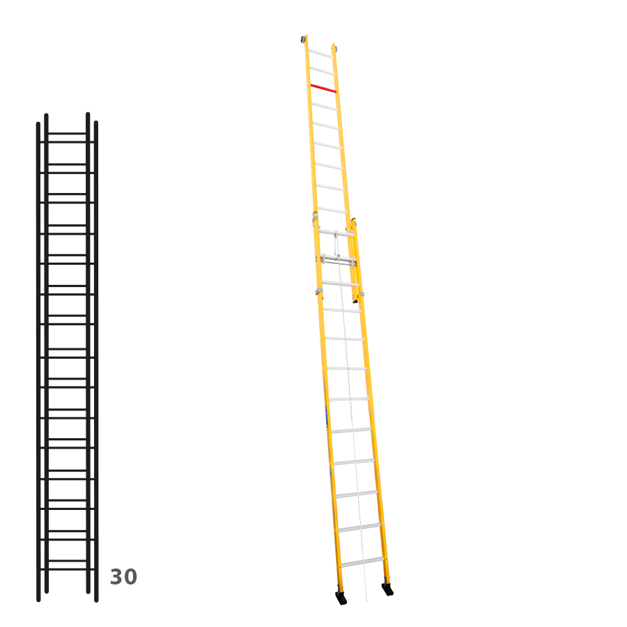 [046307] Escalera de fibra de vidrio apoyable de dos tramos con cuerda con 2 x 15 peldaños - Dim.: 450 x 7760h mm - amarillo