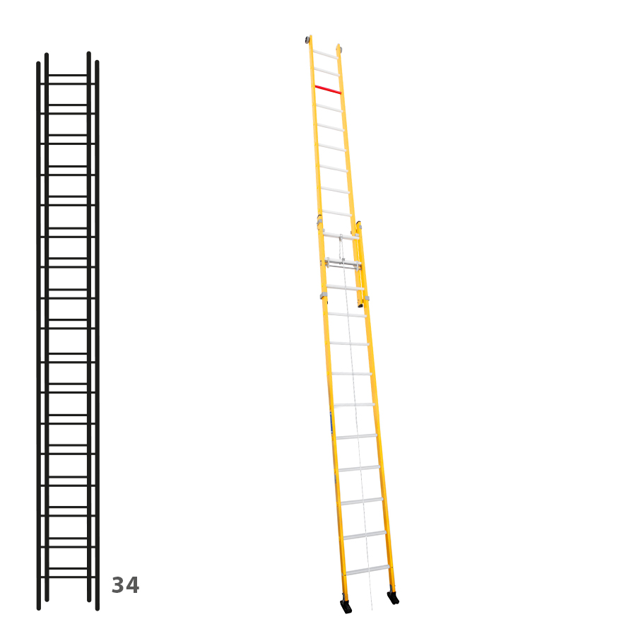 [046309] Escalera de fibra de vidrio apoyable de dos tramos con cuerda con 2 x 17 peldaños - Dim.: 450 x 8880h mm - amarillo