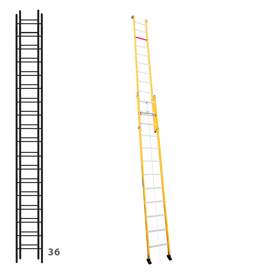 [046310] Escalera de fibra de vidrio apoyable de dos tramos con cuerda con 2 x 18 peldaños - Dim.: 450 x 9440h mm - amarillo