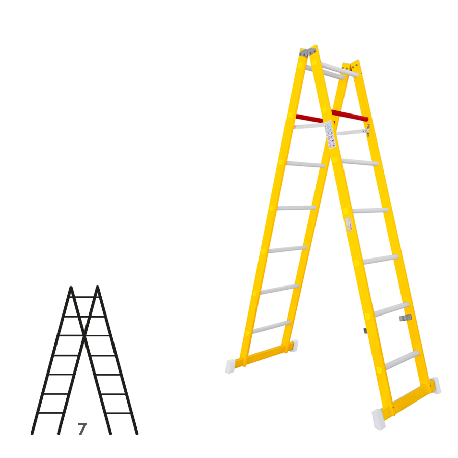 [046314] Escalera de fibra de vidrio con acceso por dos lados con 2 x 7 peldaños - Dim.: 400 x 2050h mm - amarillo