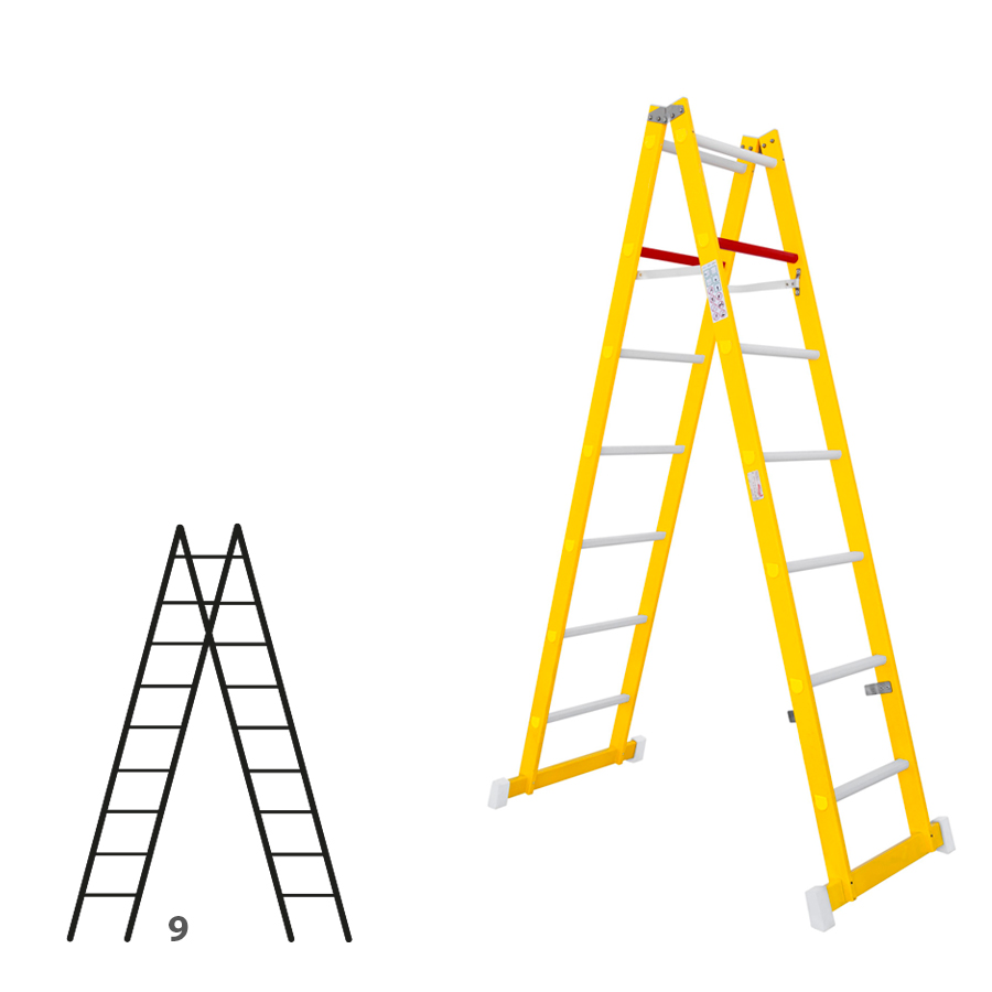 [046316] Escalera de fibra de vidrio con acceso por dos lados con 2 x 9 peldaños - Dim.: 400 x 2660h mm - amarillo