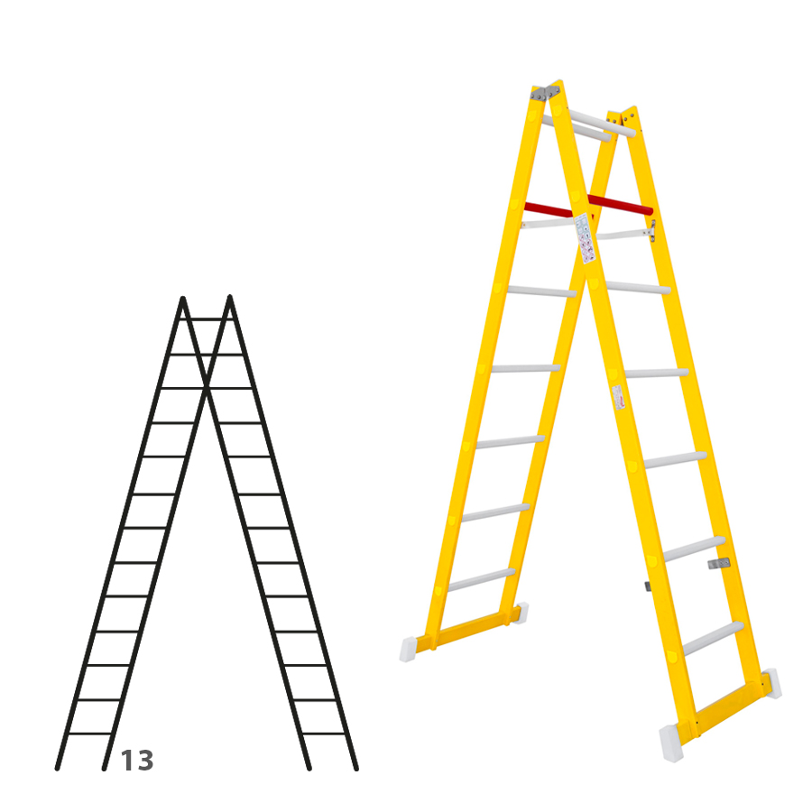 [046320] Escalera de fibra de vidrio con acceso por dos lados con 2 x 13 peldaños - Dim.: 400 x 3780h mm - amarillo