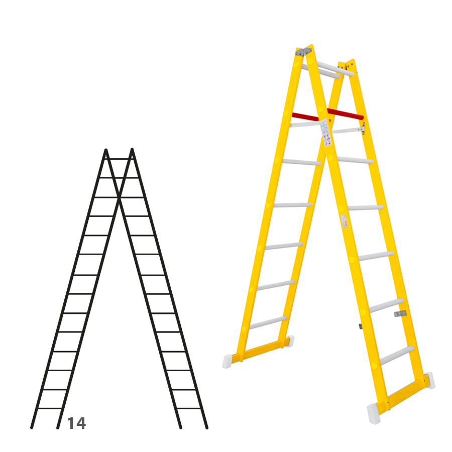 [046321] Escalera de fibra de vidrio con acceso por dos lados con 2 x 14 peldaños - Dim.: 400 x 4060h mm - amarillo