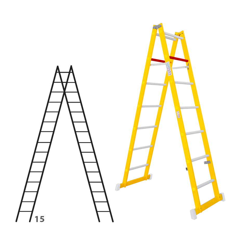 [046322] Escalera de fibra de vidrio con acceso por dos lados con 2 x 15 peldaños - Dim.: 400 x 4340h mm - amarillo