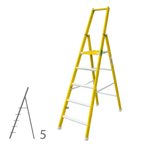 [046330] Escalera de fibra de vidrio de 5 escalones, plegable y con plataforma - Dim.: 594 x 2190h mm - amarillo