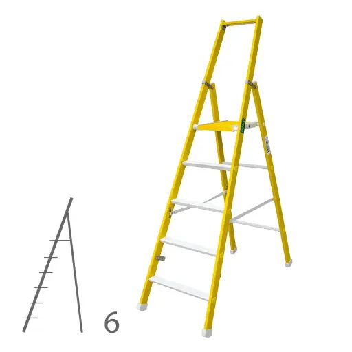 [046331] Escalera de fibra de vidrio de 6 escalones, plegable y con plataforma - Dim.: 628 x 2470h mm - amarillo