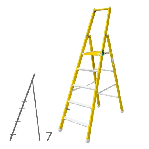 [046332] Escalera de fibra de vidrio de 7 escalones, plegable y con plataforma - Dim.: 662 x 2750h mm - amarillo