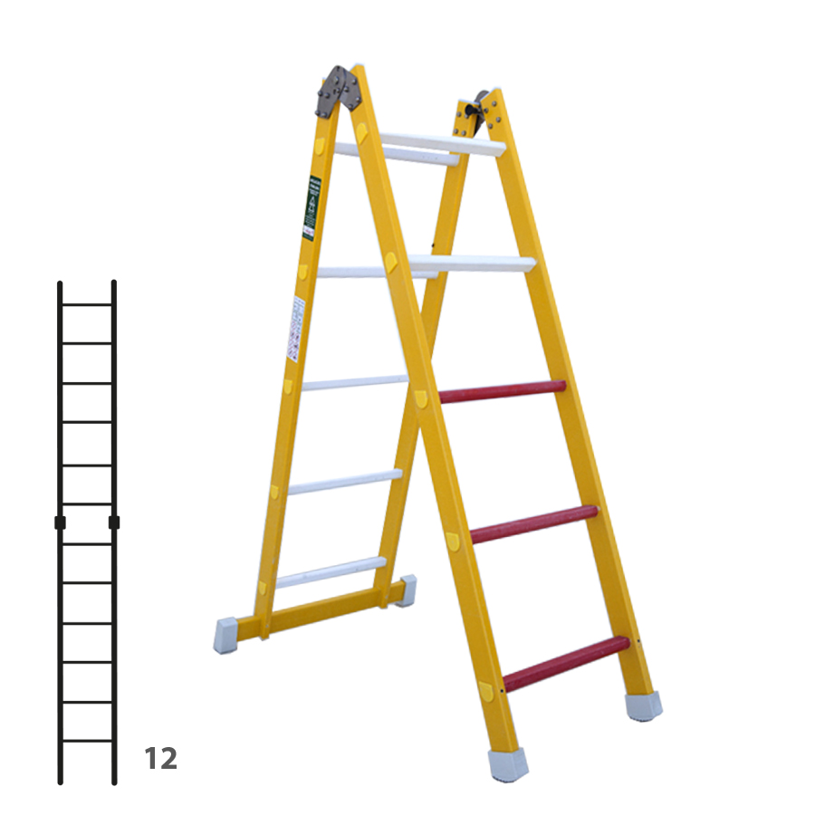 [046352] Escalera de fibra de vidrio transformable un tramo plegable con 2 x 6 peldaños - Dim.: 400 x 1740h mm - amarillo