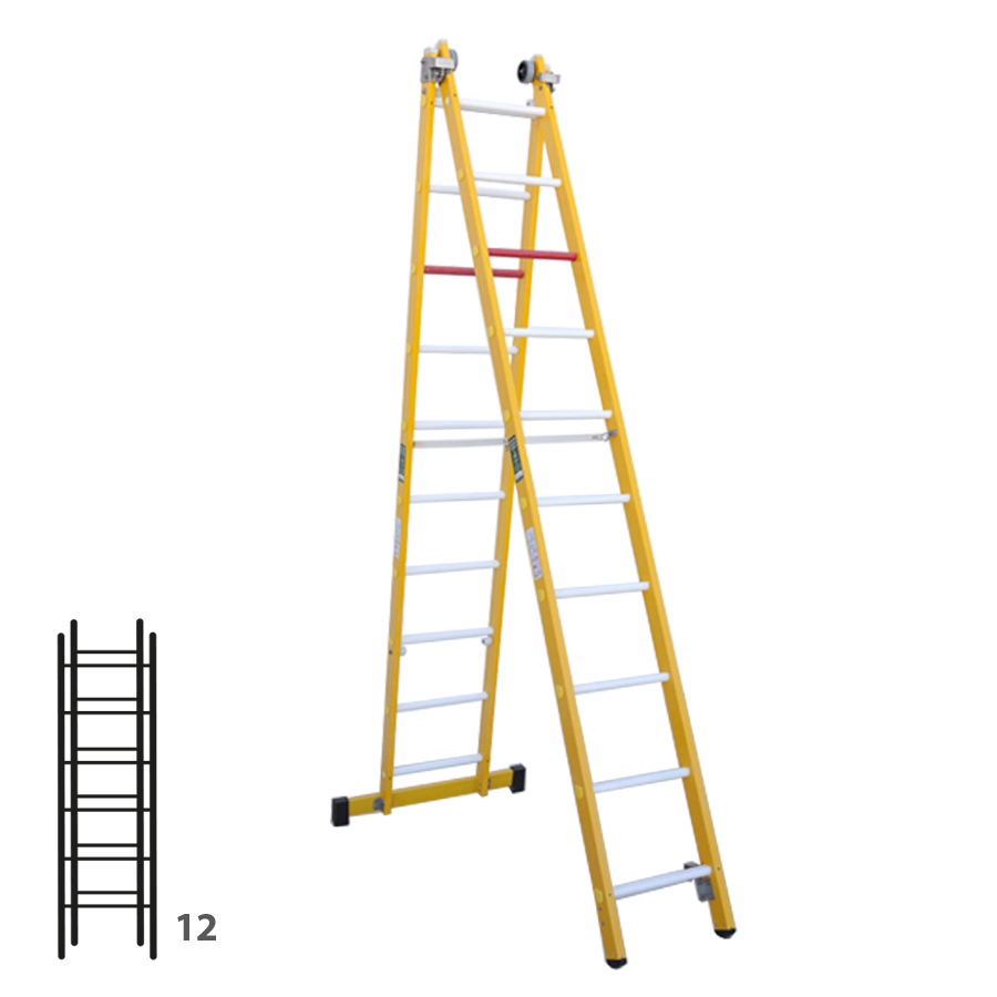 [046353] Escalera de fibra de vidrio transformable dos tramos plegable con 2 x 6 peldaños - Dim.: 438 x 3000h mm - amarillo