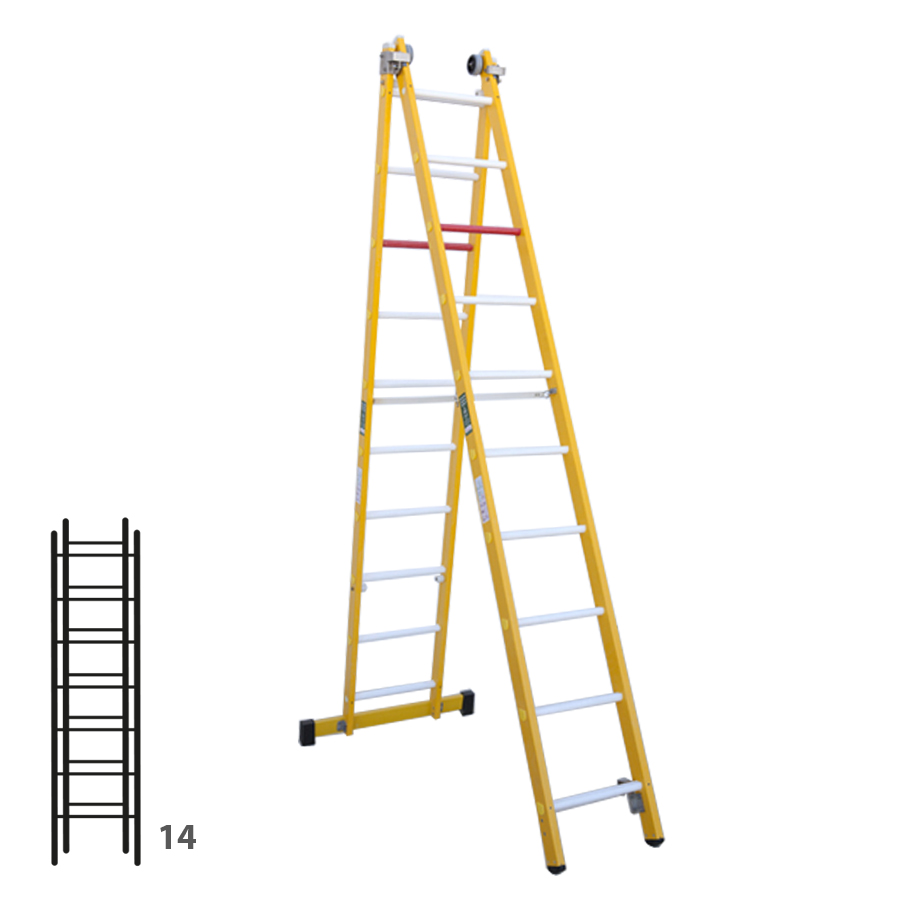 [046354] Escalera de fibra de vidrio transformable dos tramos plegable con 2 x 7 peldaños - Dim.: 438 x 3560h mm - amarillo