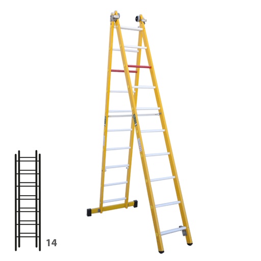 [046354] Escalera de fibra de vidrio transformable dos tramos plegable con 2 x 7 peldaños - Dim.: 438 x 3560h mm - amarillo