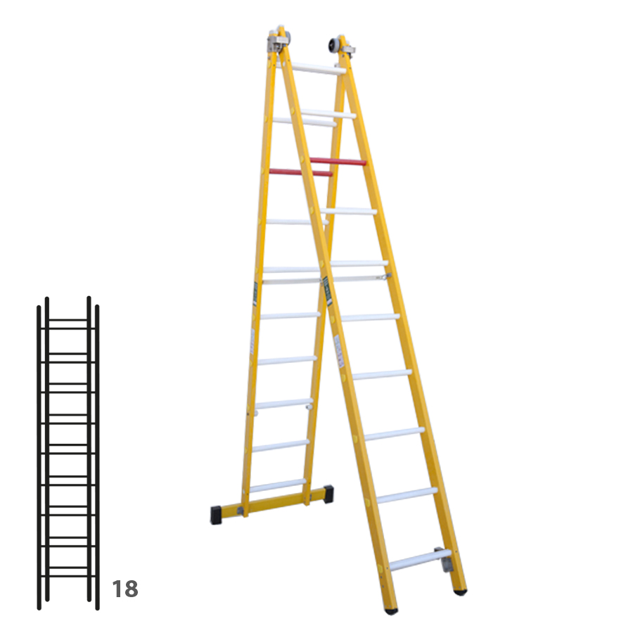[046356] Escalera de fibra de vidrio transformable dos tramos plegable con 2 x 9 peldaños - Dim.: 438 x 4680h mm - amarillo