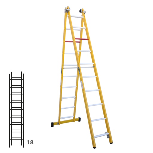 [046356] Escalera de fibra de vidrio transformable dos tramos plegable con 2 x 9 peldaños - Dim.: 438 x 4680h mm - amarillo