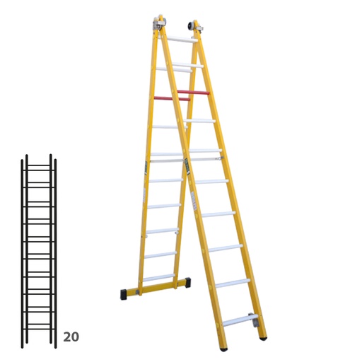[046357] Escalera de fibra de vidrio transformable dos tramos plegable con 2 x 10 peldaños - Dim.: 450 x 4960h mm - amarillo