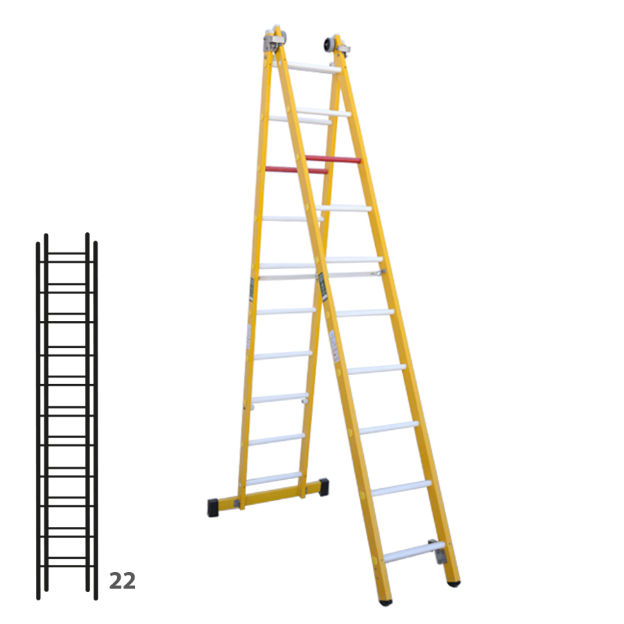 [046358] Escalera de fibra de vidrio transformable dos tramos plegable con 2 x 11 peldaños - Dim.: 450 x 5520h mm - amarillo