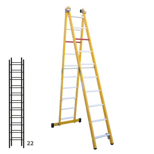 [046358] Escalera de fibra de vidrio transformable dos tramos plegable con 2 x 11 peldaños - Dim.: 450 x 5520h mm - amarillo