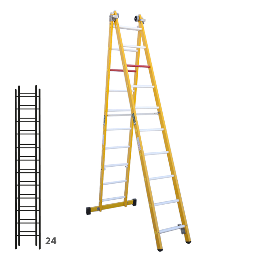 [046359] Escalera de fibra de vidrio transformable dos tramos plegable con 2 x 12 peldaños - Dim.: 450 x 6080h mm - amarillo