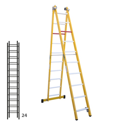 [046359] Escalera de fibra de vidrio transformable dos tramos plegable con 2 x 12 peldaños - Dim.: 450 x 6080h mm - amarillo