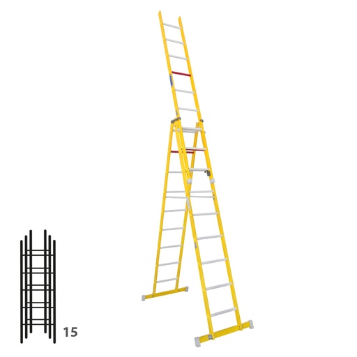 [046360] Escalera de fibra de vidrio transformable tres tramos plegable con (2 x 5) + 5 peldaños - Dim.: 400 x 2395h mm - amarillo