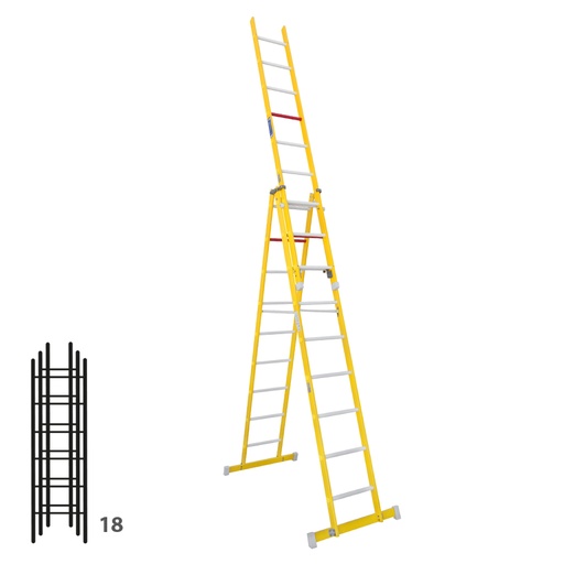 [046361] Escalera de fibra de vidrio transformable tres tramos plegable con (2 x 6) + 6 peldaños - Dim.: 400 x 2955h mm - amarillo