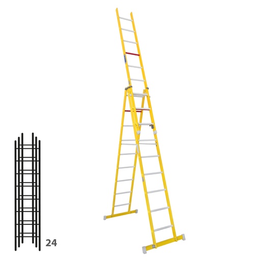[046363] Escalera de fibra de vidrio transformable tres tramos plegable con (2 x 8) + 8 peldaños - Dim.: 400 x 3795h mm - amarillo