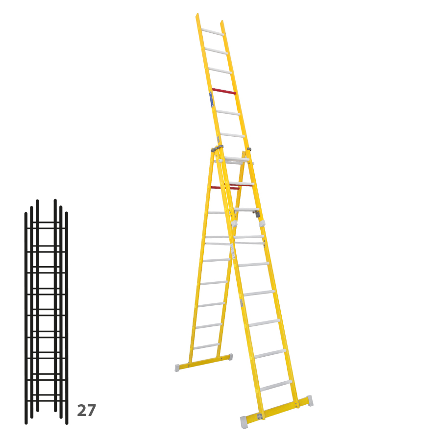[046364] Escalera de fibra de vidrio transformable tres tramos plegable con (2 x 9) + 9 peldaños - Dim.: 400 x 4400h mm - amarillo