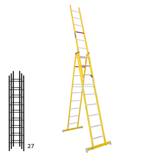 [046364] Escalera de fibra de vidrio transformable tres tramos plegable con (2 x 9) + 9 peldaños - Dim.: 400 x 4400h mm - amarillo