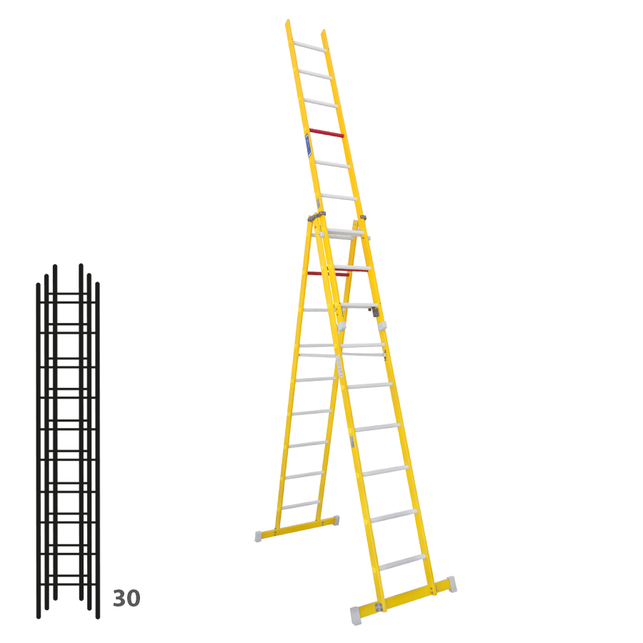 [046365] Escalera de fibra de vidrio transformable tres tramos plegable con (2 x 10) + 10 peldaños - Dim.: 400 x 4960h mm - amarillo