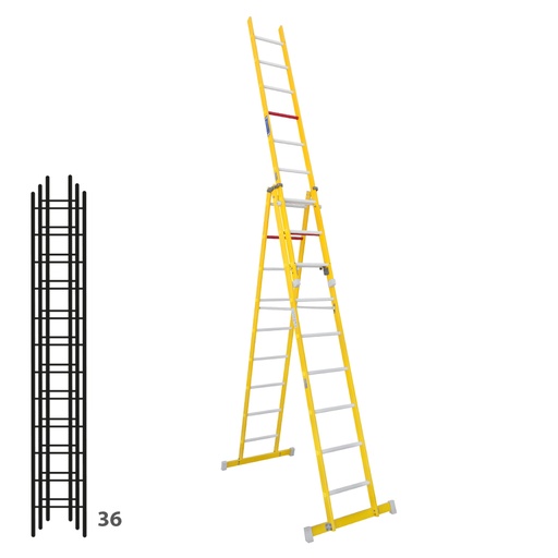 [046367] Escalera de fibra de vidrio transformable tres tramos plegable con (2 x 12) + 12 peldaños - Dim.: 450 x 5800h mm - amarillo