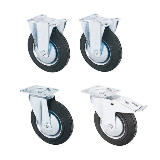 [046533] Juego de 4 ruedas de goma maciza de Ø200x50 mm, 2 giratorias y 2 fijas (1 con freno)