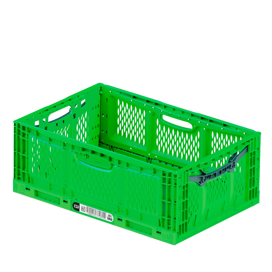 [046614] Caja plástica plegable para fruta y verdura de fondo y paredes perforadas y asas abiertas - Dim.: 600x400x230h mm - Verde