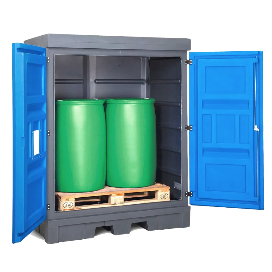 [046660] Armario plástico con puertas batientes para almacenamiento de hasta 2 bidones de 200 lts. - Dim.:1560x1080x1980h mm - Azul y gris oscuro