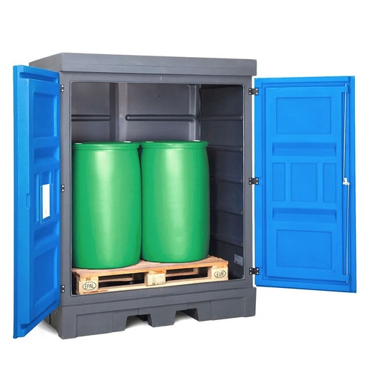 [046660] Armario plástico con puertas batientes para almacenamiento de hasta 2 bidones de 200 lts. - Dim.:1560x1080x1980h mm - Azul y gris oscuro