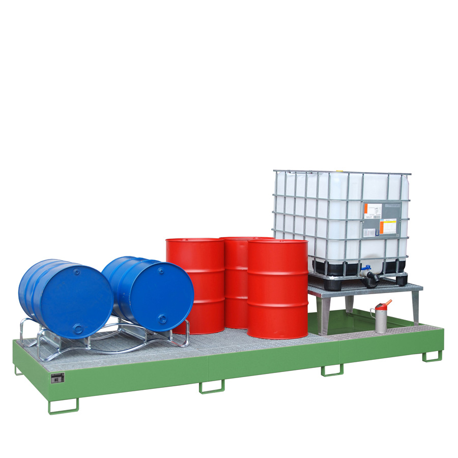 [046664] Cubeto de retención metálico con 1 soporte elevador y 2 rejillas - Cap.: 1000 lts. - Dim.: 3850x1460x780h mm - acero pintado