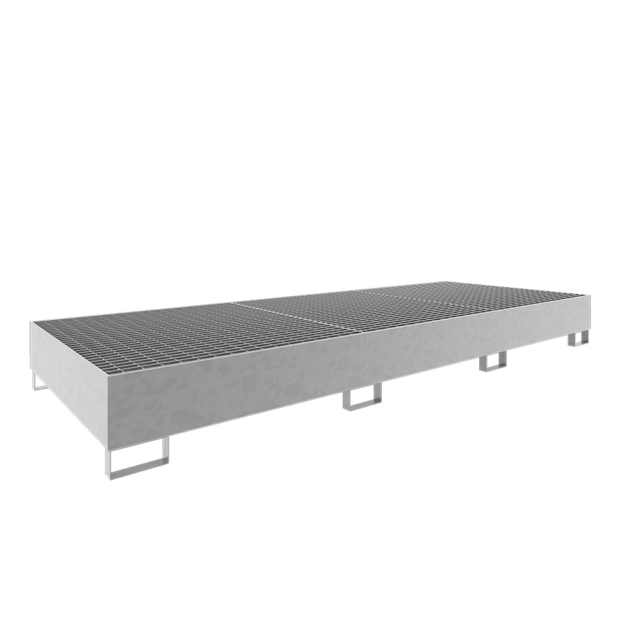 [046792] Cubeto de retención metálico con rejilla para estantería de paletización - Dim.: 3550x1300x355h mm - Cap.: 1000 lts - acero galvanizado