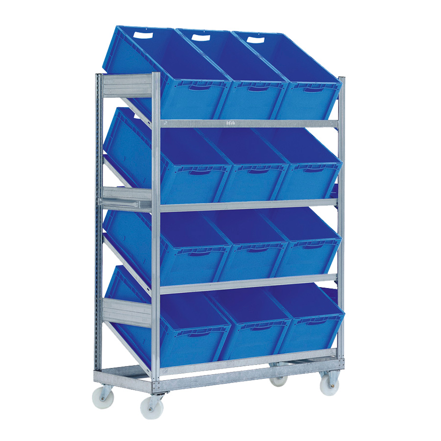 [047312] Estantería industrial móvil con 4 estantes inclinados y 12 cajas plásticas azules - Dim.: 1368x533x1815h mm - Galvanizado