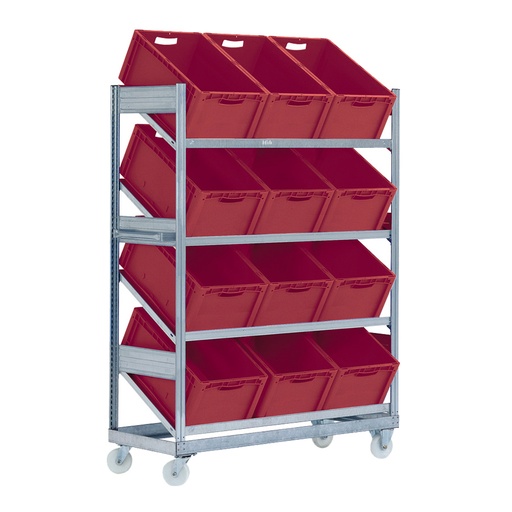 [047313] Estantería industrial  móvil con 4 estantes inclinados y 12 cajas plásticas rojas - Dim.: 1368x533x1815h mm - Galvanizado