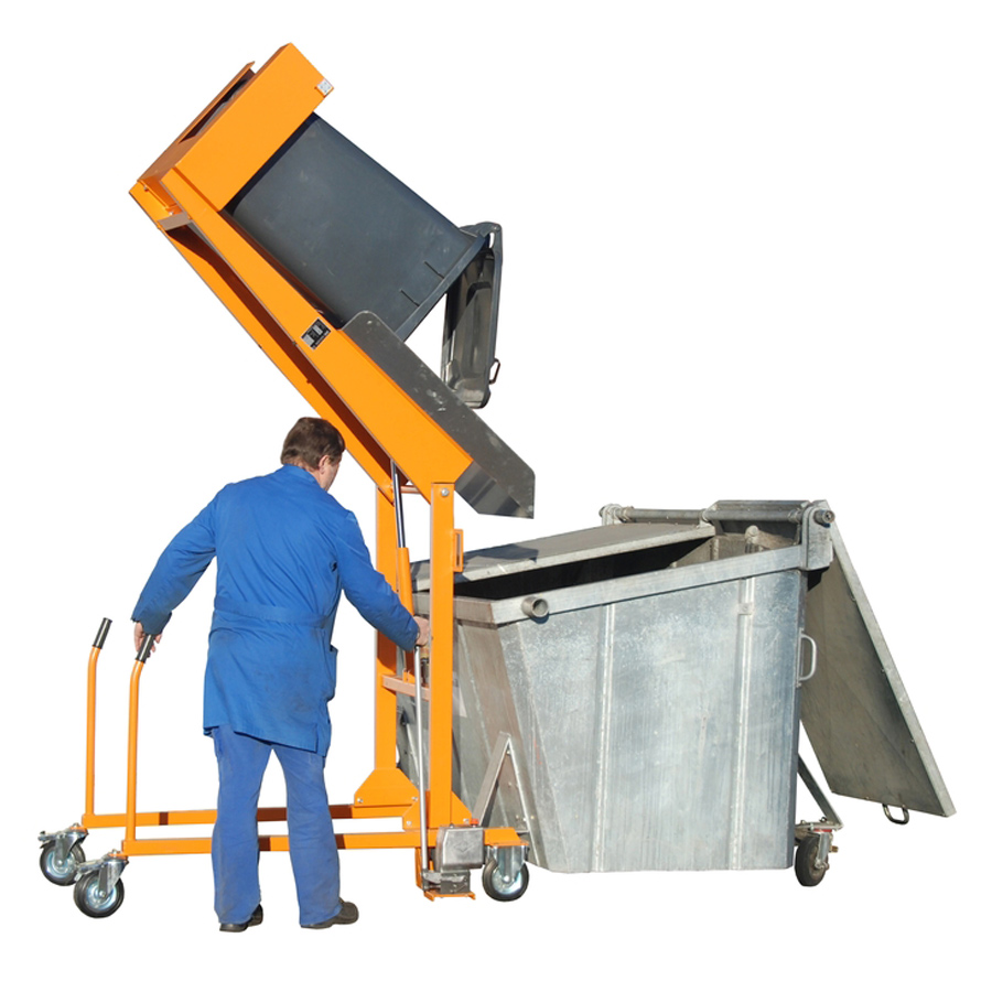 [047375] Volteador móvil para vaciado de basureras con accionamiento mediante palanca - Dim.: 1570x980x1720h mm - naranja ral 2000
