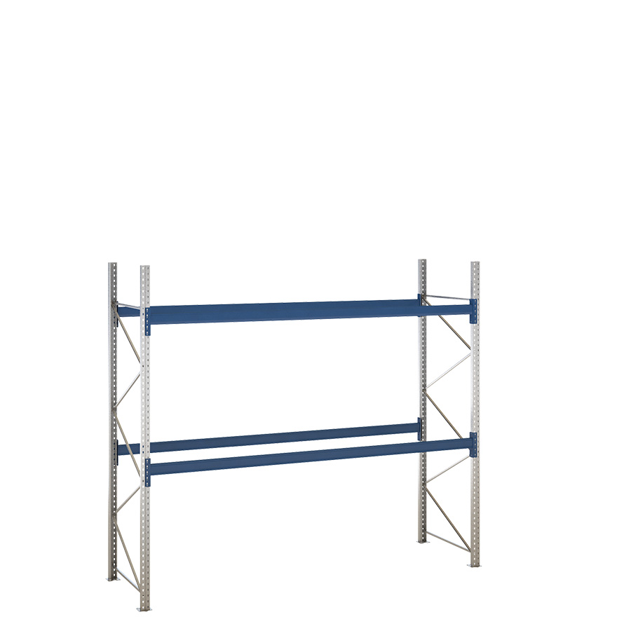 [047885] Estantería de paletización incial con 2 niveles de carga de 3300 kg cada uno - Dim.: 3480x1100x3000h mm - Galvanizado y azul ral 5010