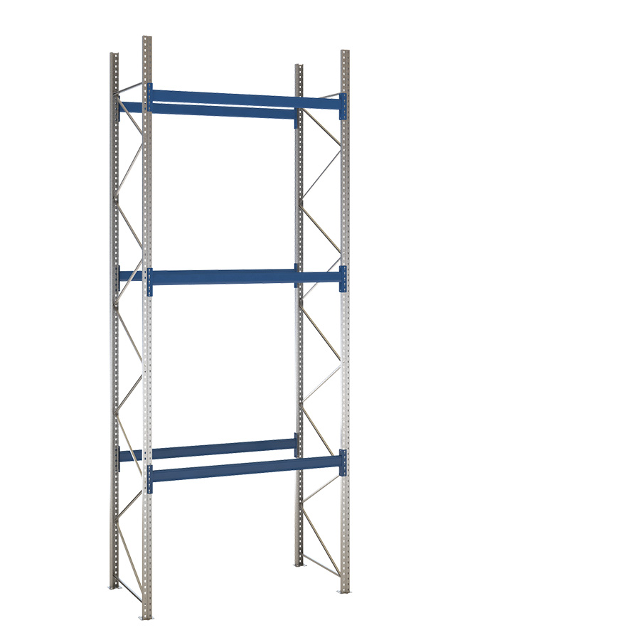 [047929] Estantería de paletización inicial con 3 niveles de carga de 2500 kg cada uno - Dim.: 2000x1100x5000h mm - Galvanizado y azul ral 5010