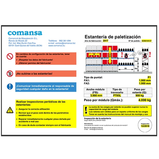 [048017] Cartel de carga para estantería de paletización y media carga - Dim.: 470x3x380h mm - PVC impreso
