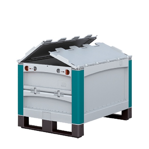 [048129] Contenedor de plástico con patines, puerta en lateral corto y tapas abatibles - Dim.: 800x600x520h mm - Gris