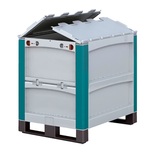 [048130] Contenedor de plástico con patines, puerta en lateral corto y tapas abatibles - Dim.: 800x600x720h mm - Gris